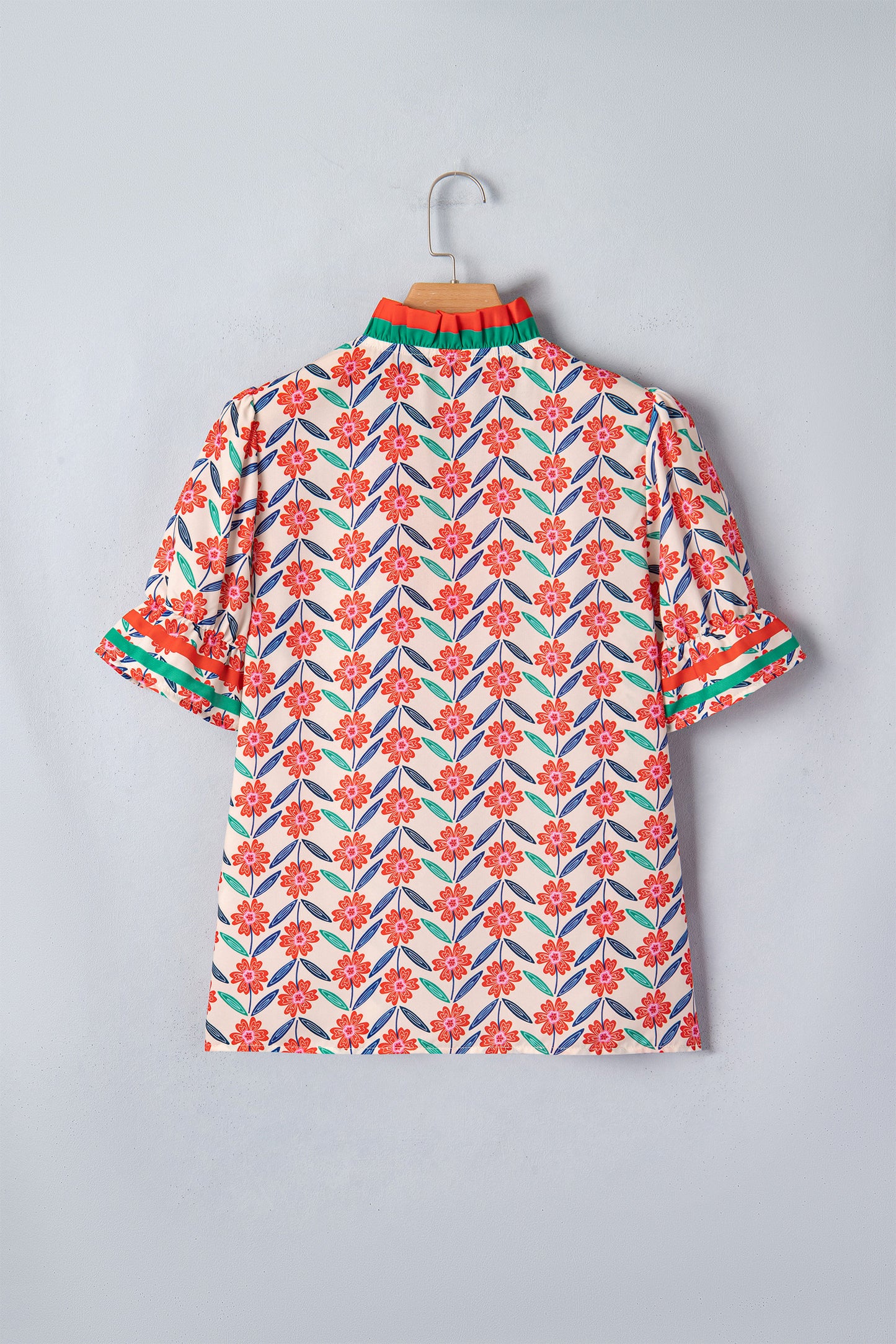 R1330 Red Floral Print Striped Detail V Neck Ruffled Short Sleeve Blouse