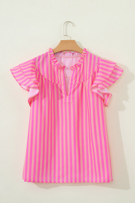 R1428 Pink Stripe Split Neck Ruffled Summer Blouse