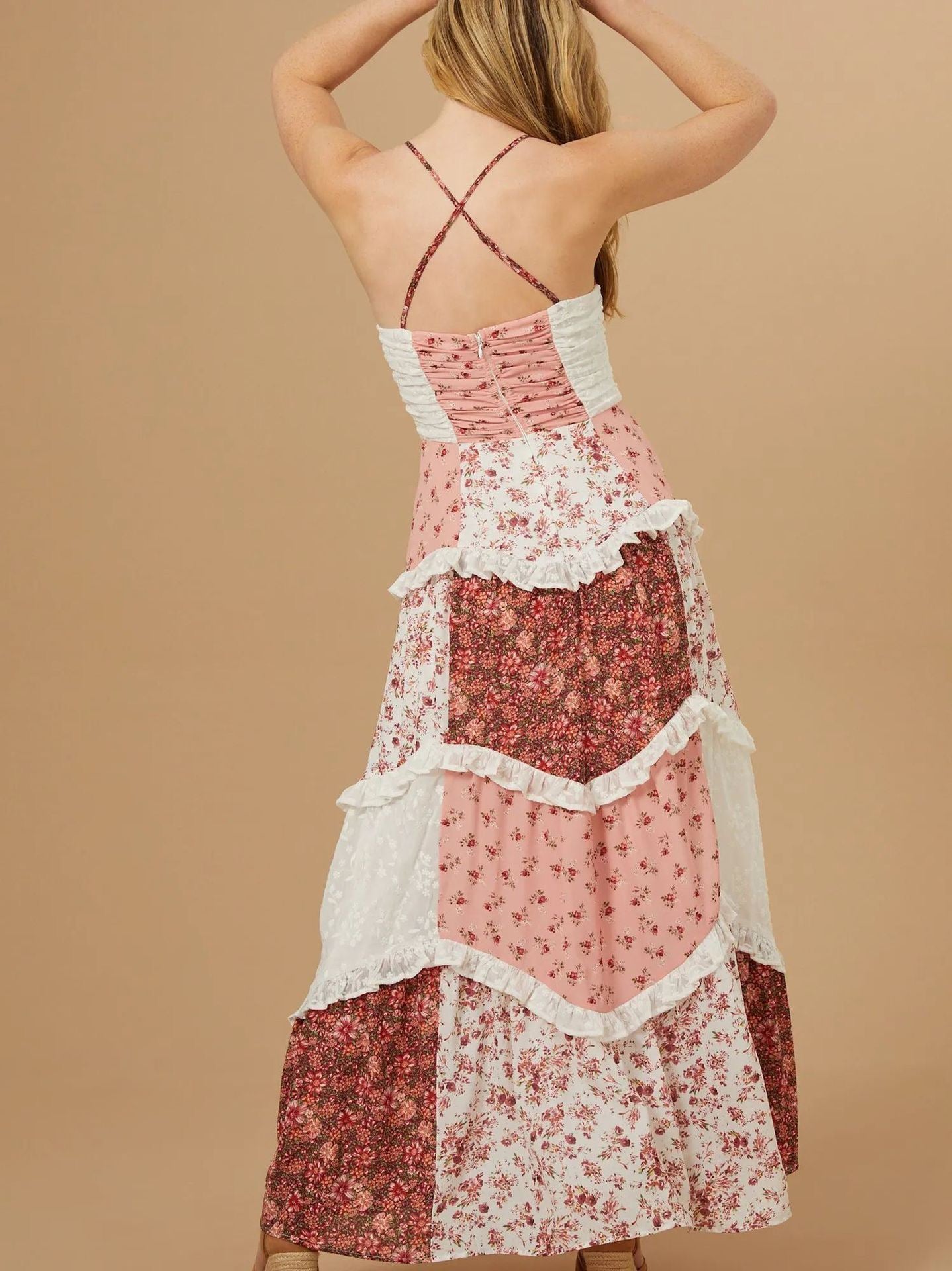 R1272 Floral Patchwork Ruffle Hem Halter Maxi Dress With Adjustable Strap