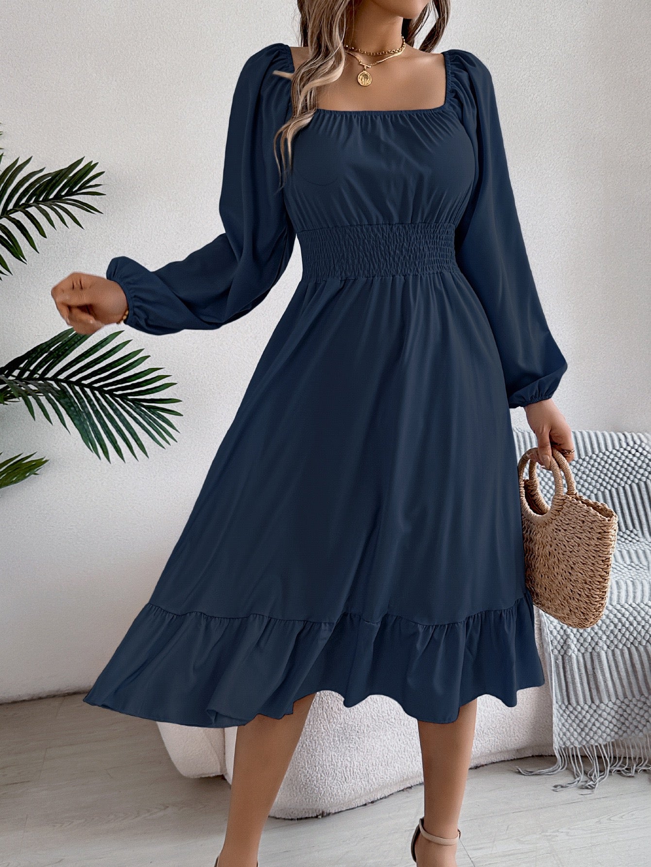 R1244 Solid-Color Square-Neck Long-Sleeve Waist-Defining Ruffle Hem Long Dress
