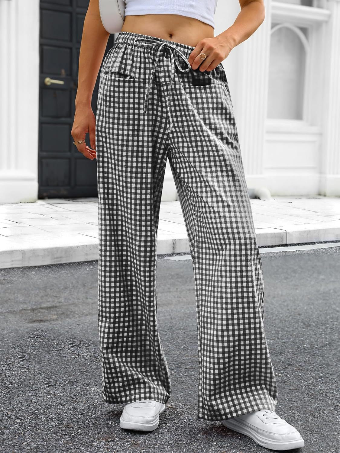 R1225 Women's High-Waisted Wide-Leg Plaid Drawstring Pajamas Pants