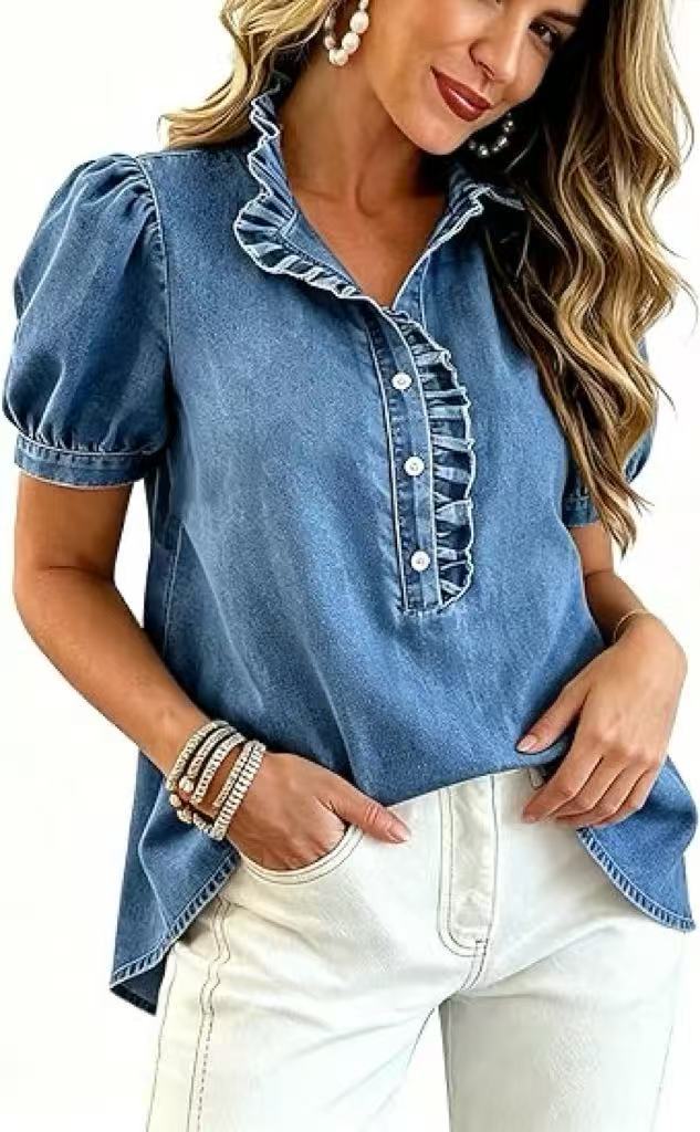 D5536 Ruffle Collar Denim Shirt