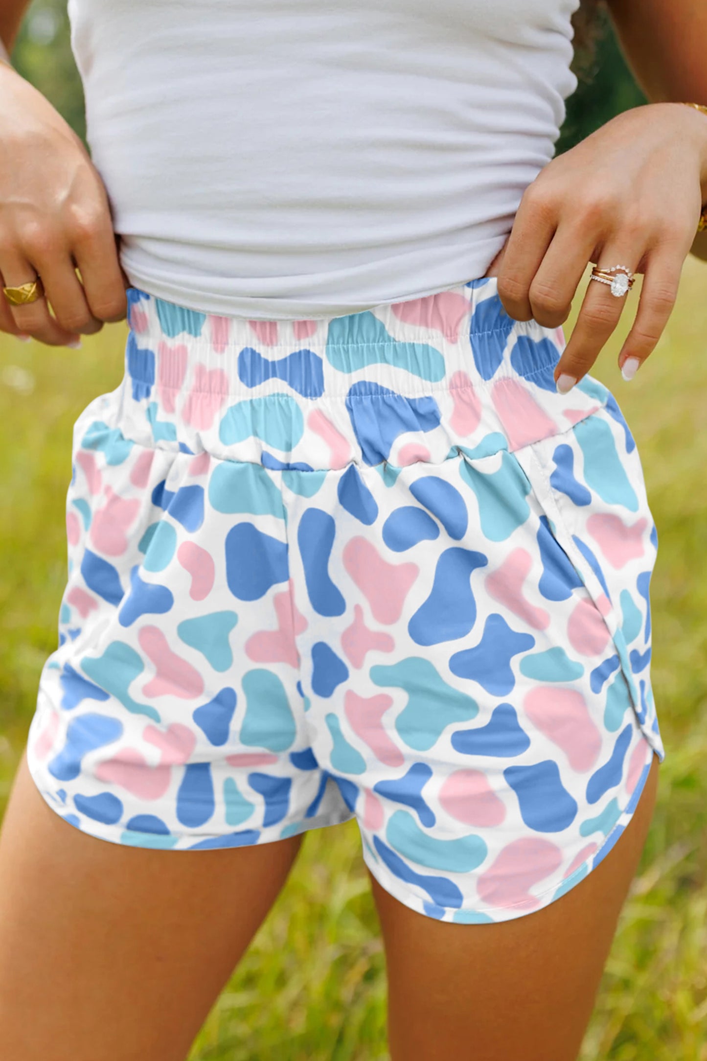 R1370 Multicolour Camouflage Print Shirred High Waist Athleisure Shorts