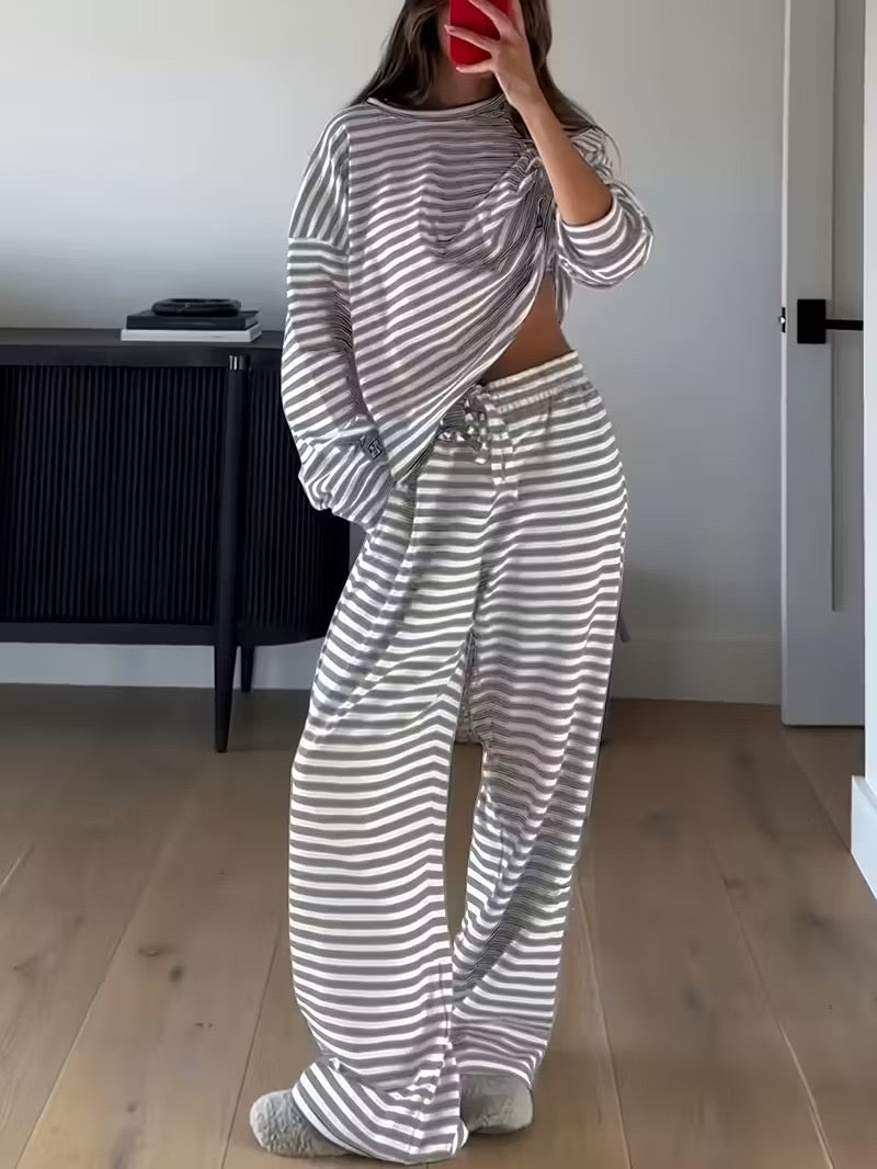 R1238 Striped Long Sleeve Top High-Waist Pants Two-Piece Set
