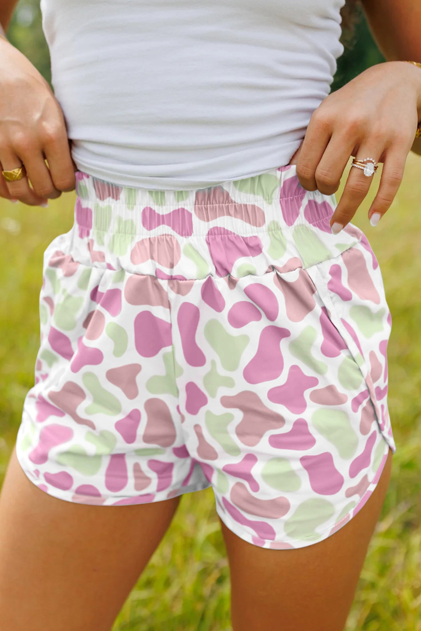 R1370 Multicolour Camouflage Print Shirred High Waist Athleisure Shorts
