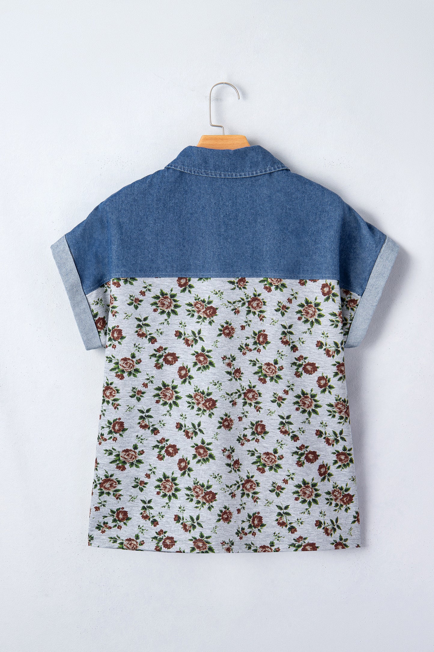 R1249 Floral & Denim Patchwork Top with Polo Collar