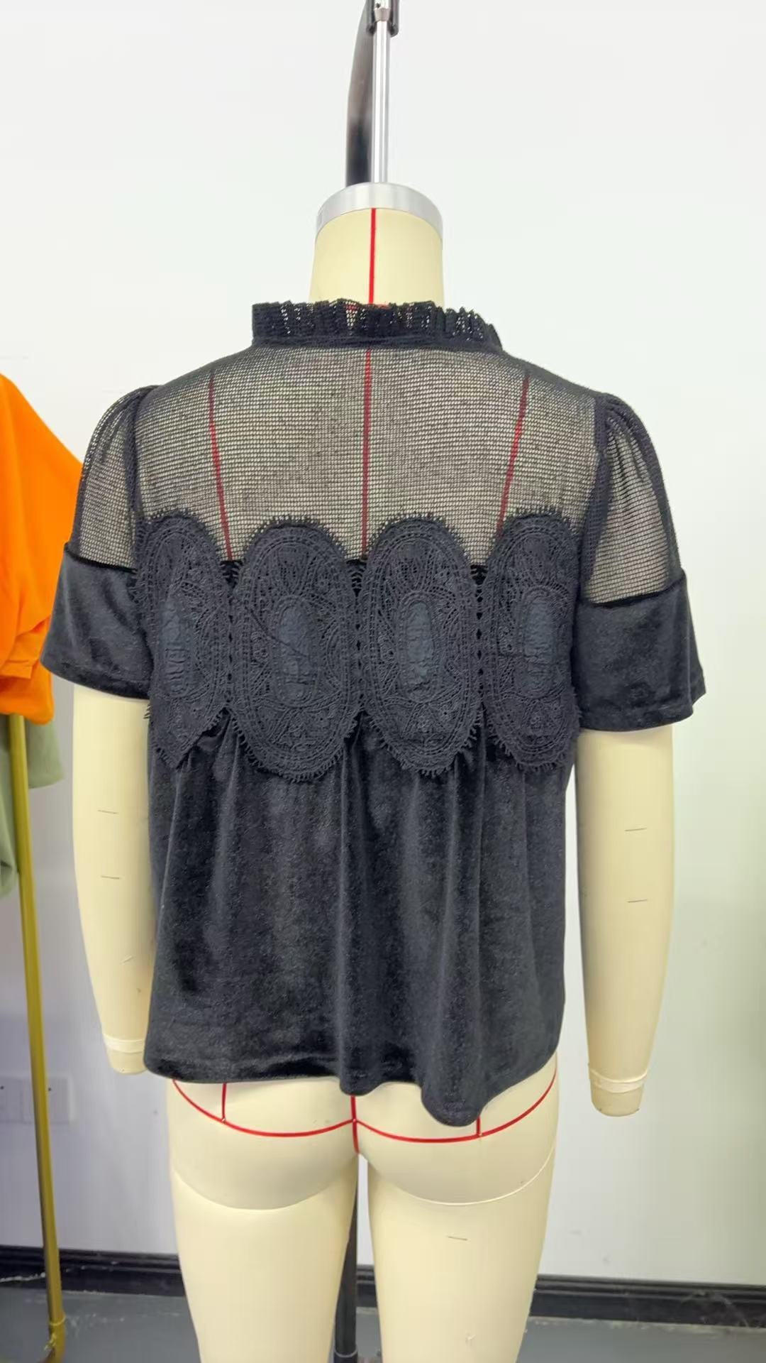 R1313 Lace & Corduroy Patchwork Babydoll Top