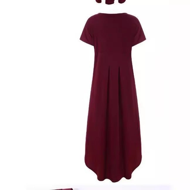 R1294 Short Sleeve Solid Color Pocket Maxi Dress