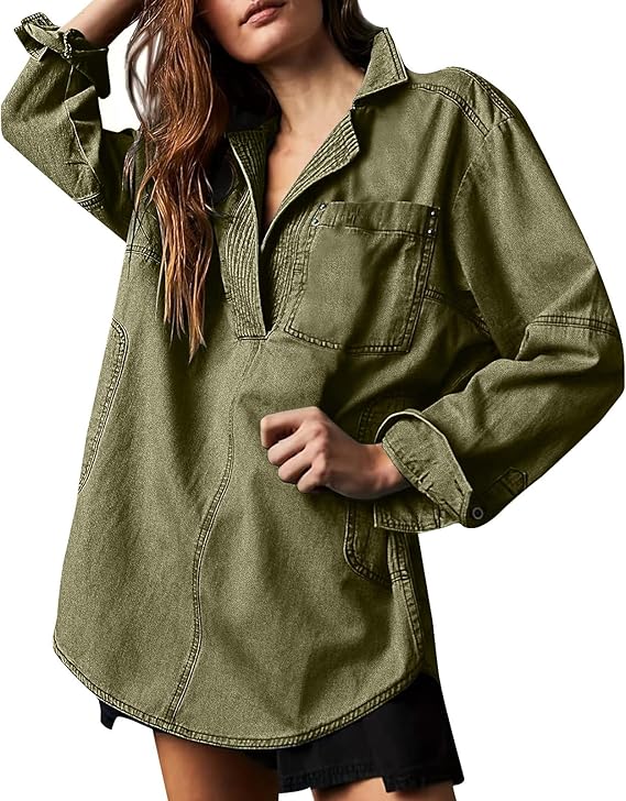 R1252 V neck Oversized Denim Top