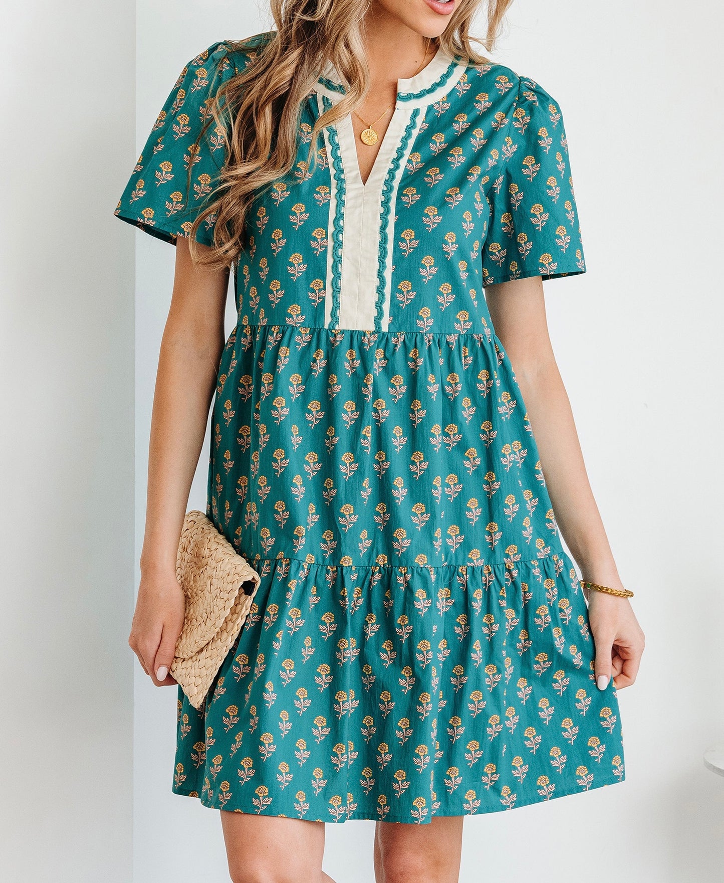 Green Contrast Trim V Neck Short Sleeve Floral Dress