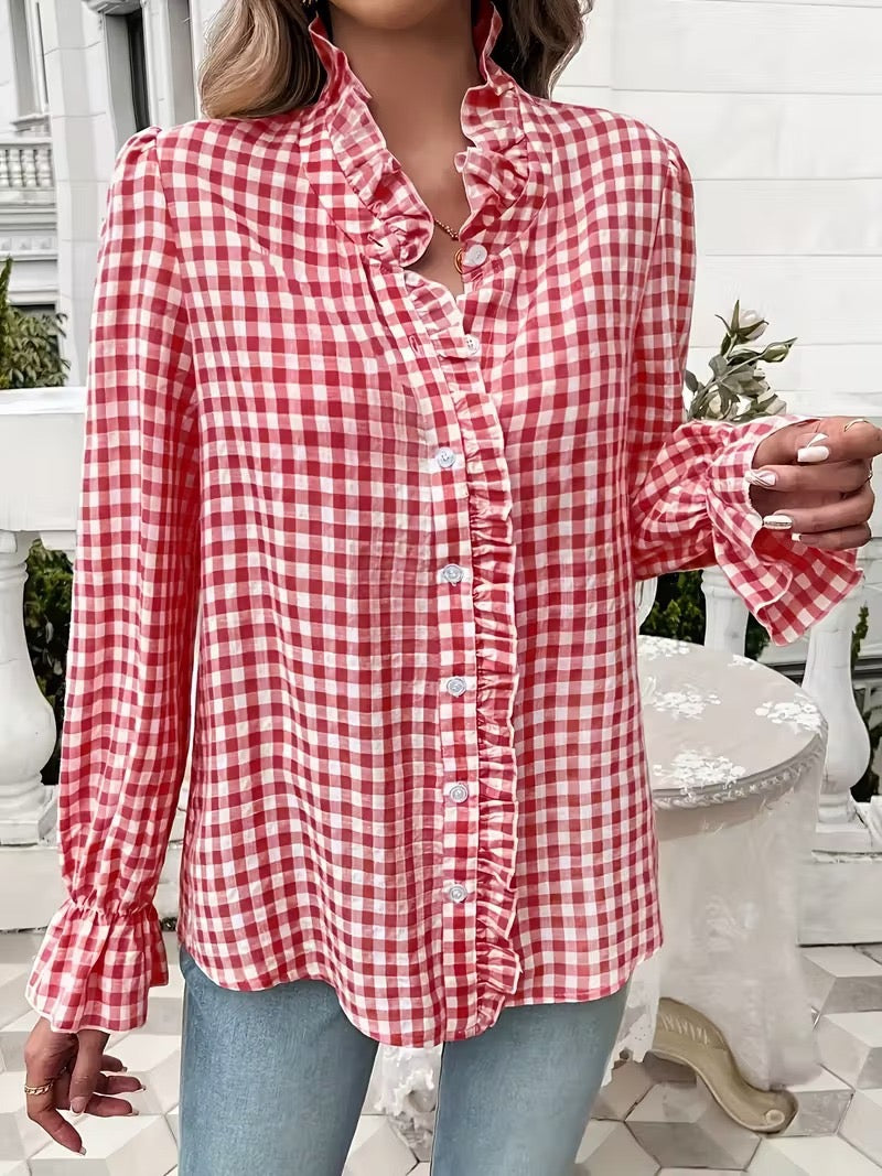 R1242 Long Sleeve Ruffle Hem Checked Blouse
