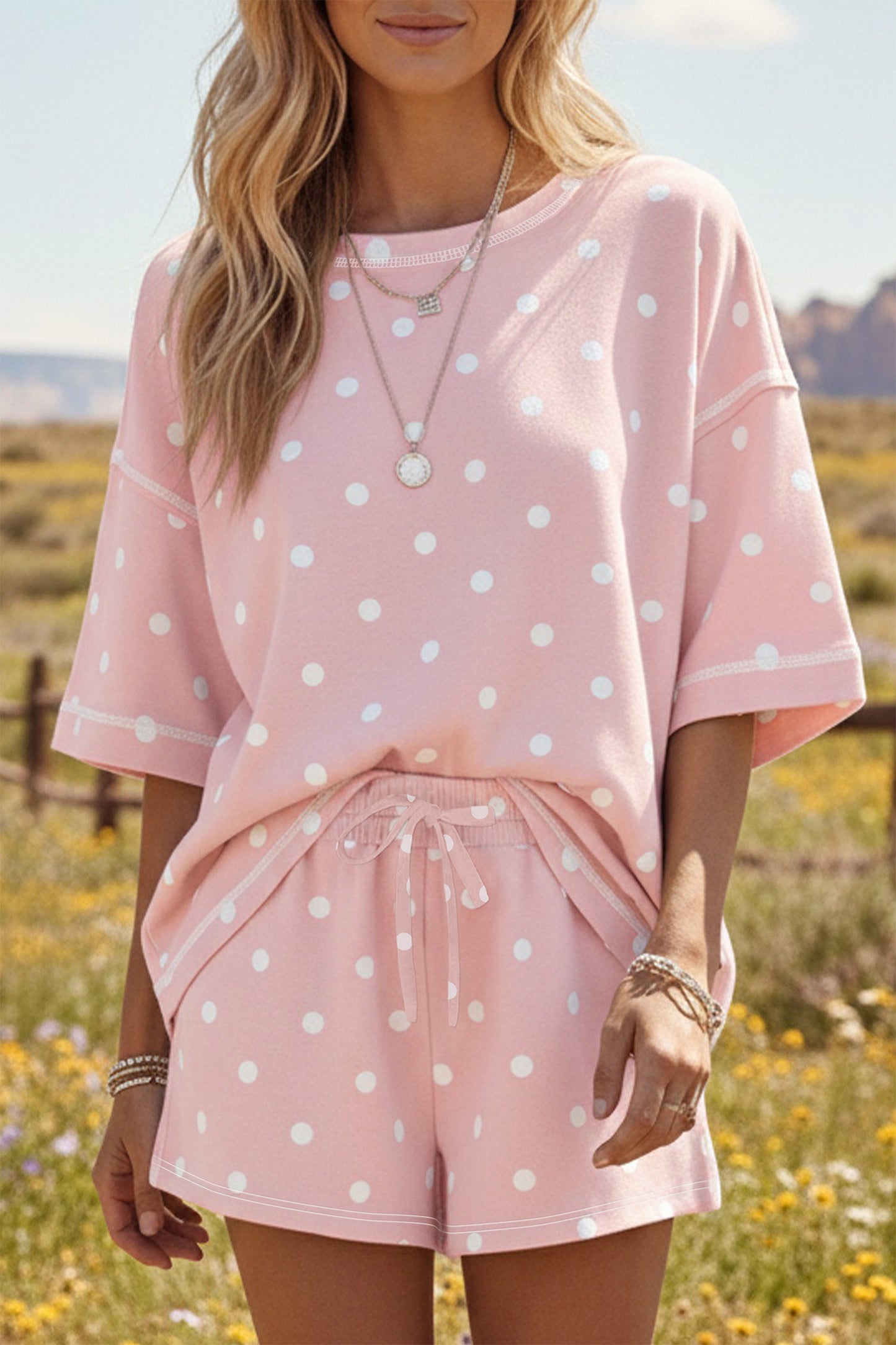 R1568 Polka Dot Loose Tee Drawstring Shorts Set