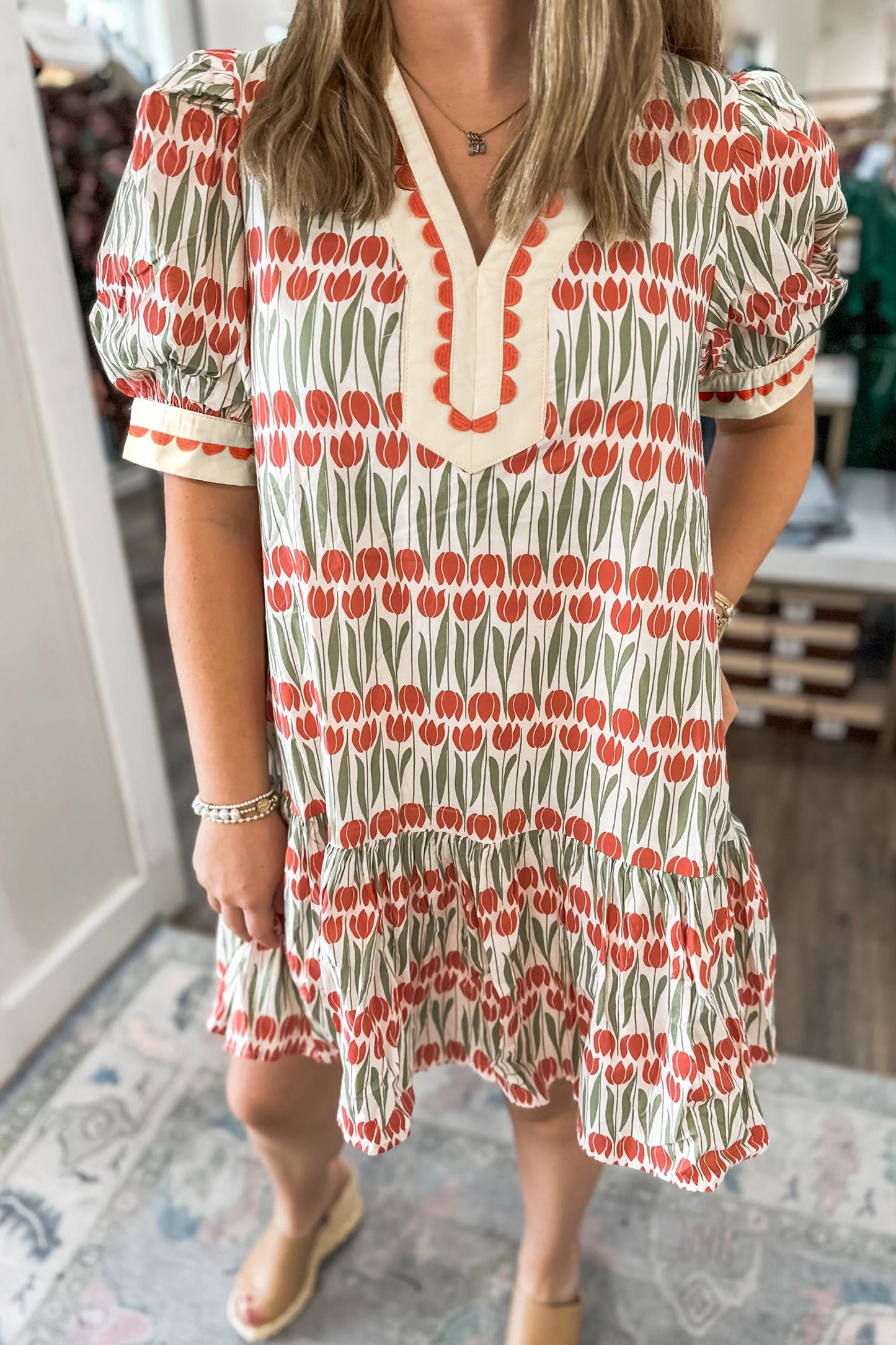 R1221 Puff Sleeve Floral Cotton Dress