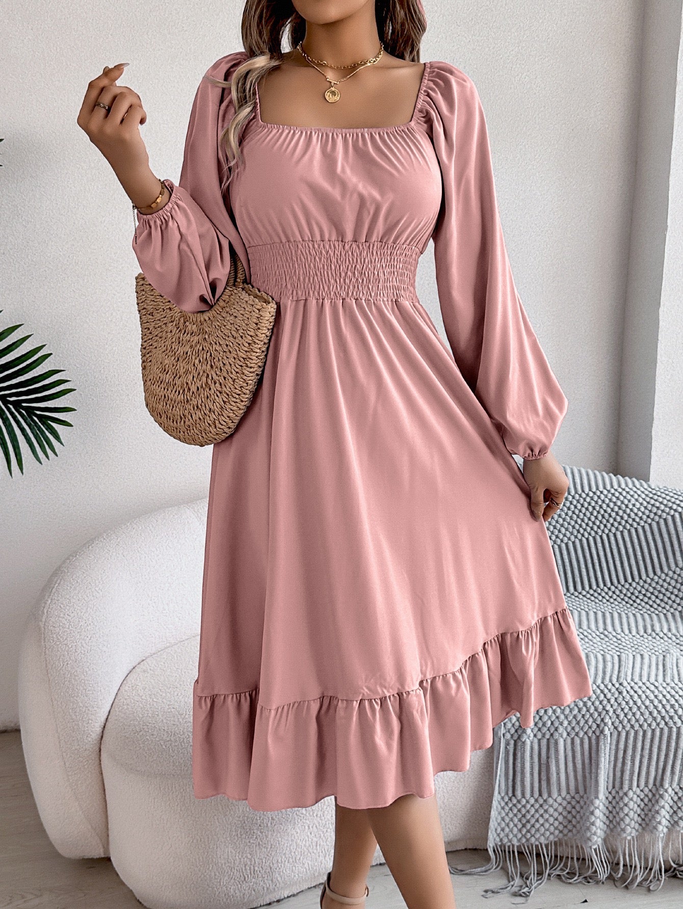 R1244 Solid-Color Square-Neck Long-Sleeve Waist-Defining Ruffle Hem Long Dress