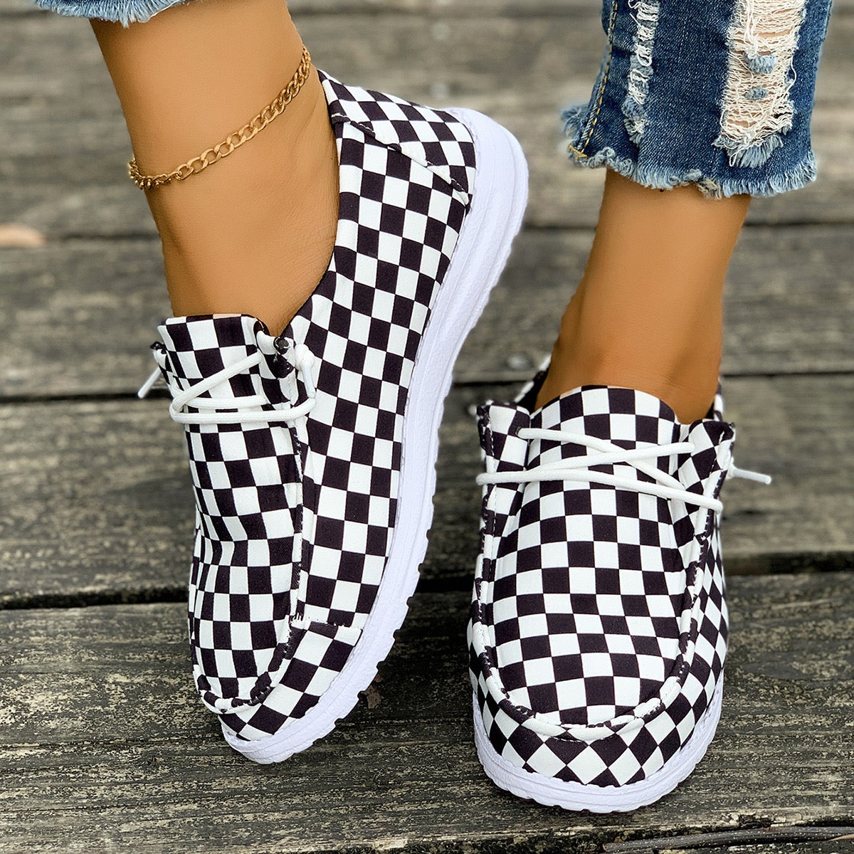 R1270 Lace-up Checked Flat Shoes