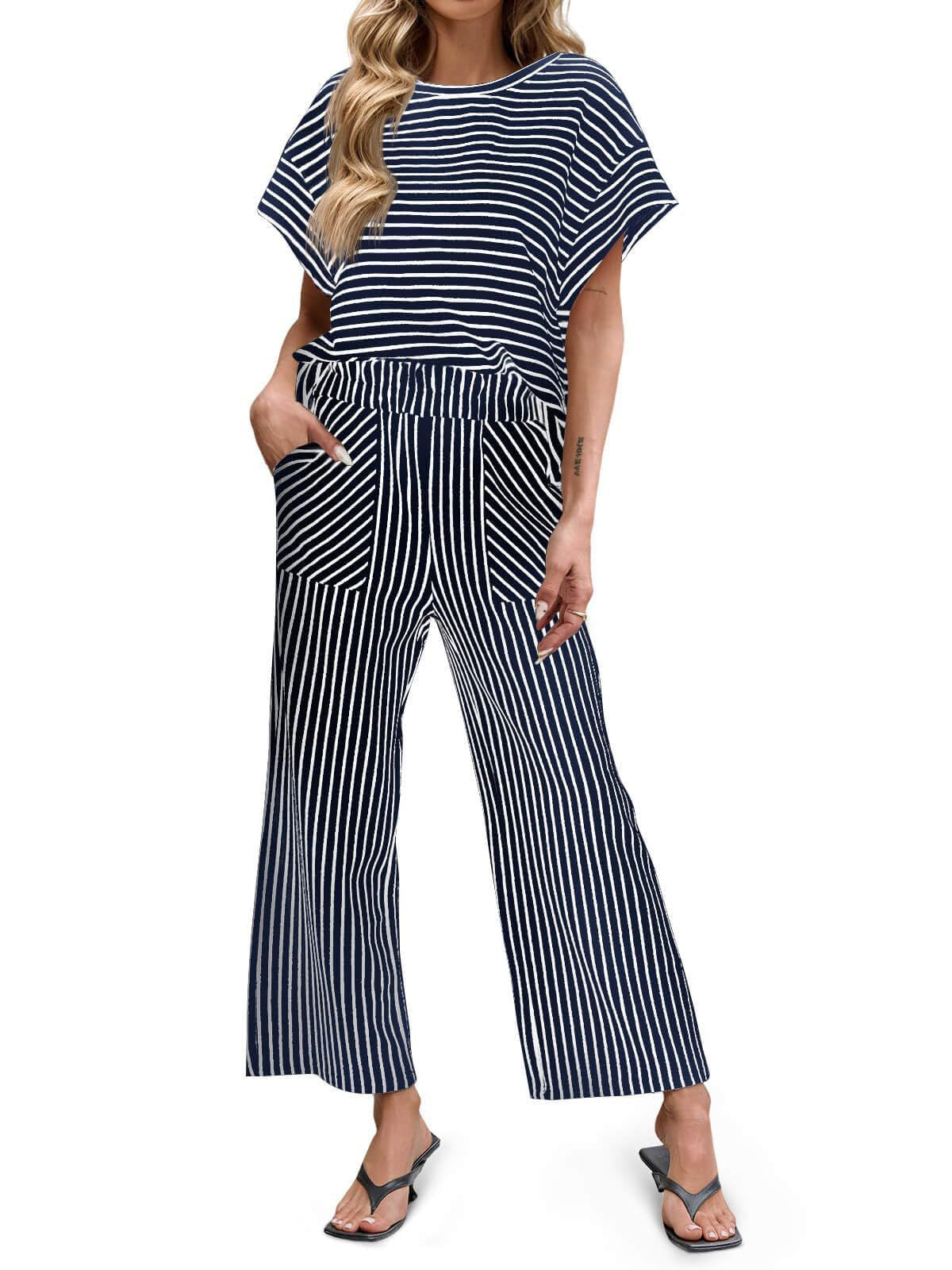 R1551 Bat Sleeve Stripe Top & Wide Leg Pant Set