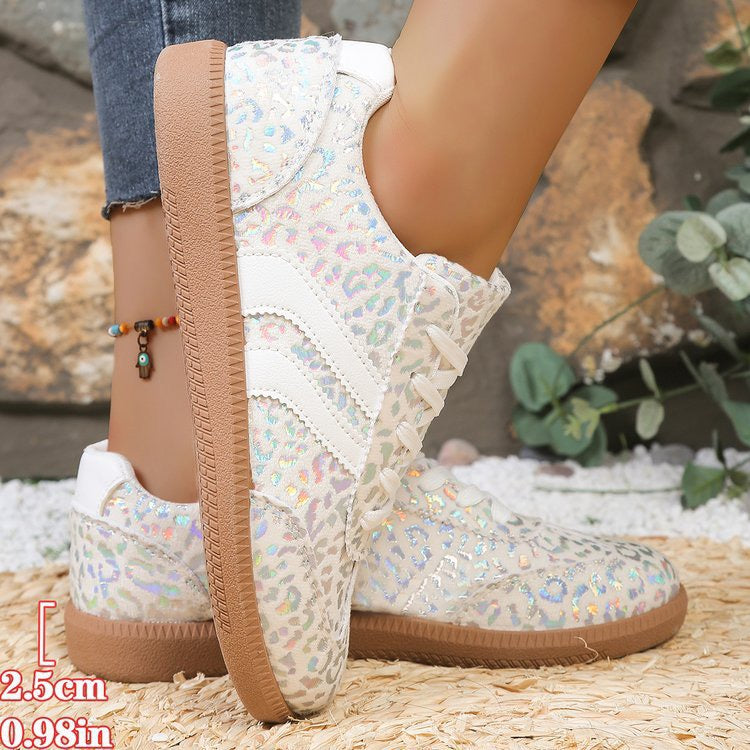 R1317 White PU Leather Detail Shimmer Leopard Printed Lace-up Sneakers