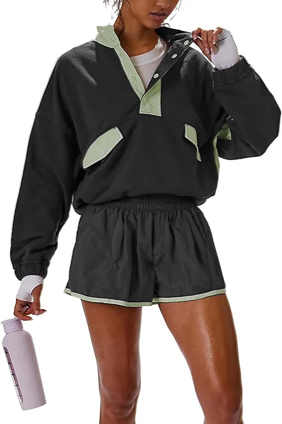R1292 Color Block Patchwork Half Button Pullover and Shorts 2pcs Outfit