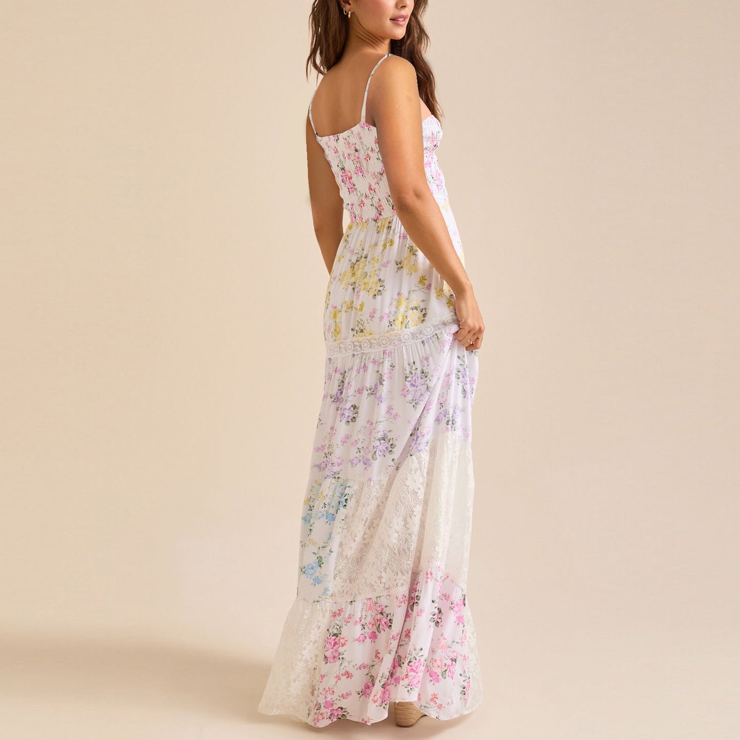 R1405 Sleeveless Floral Print Color Block Patchwork Square Neck Shirred Long Dress
