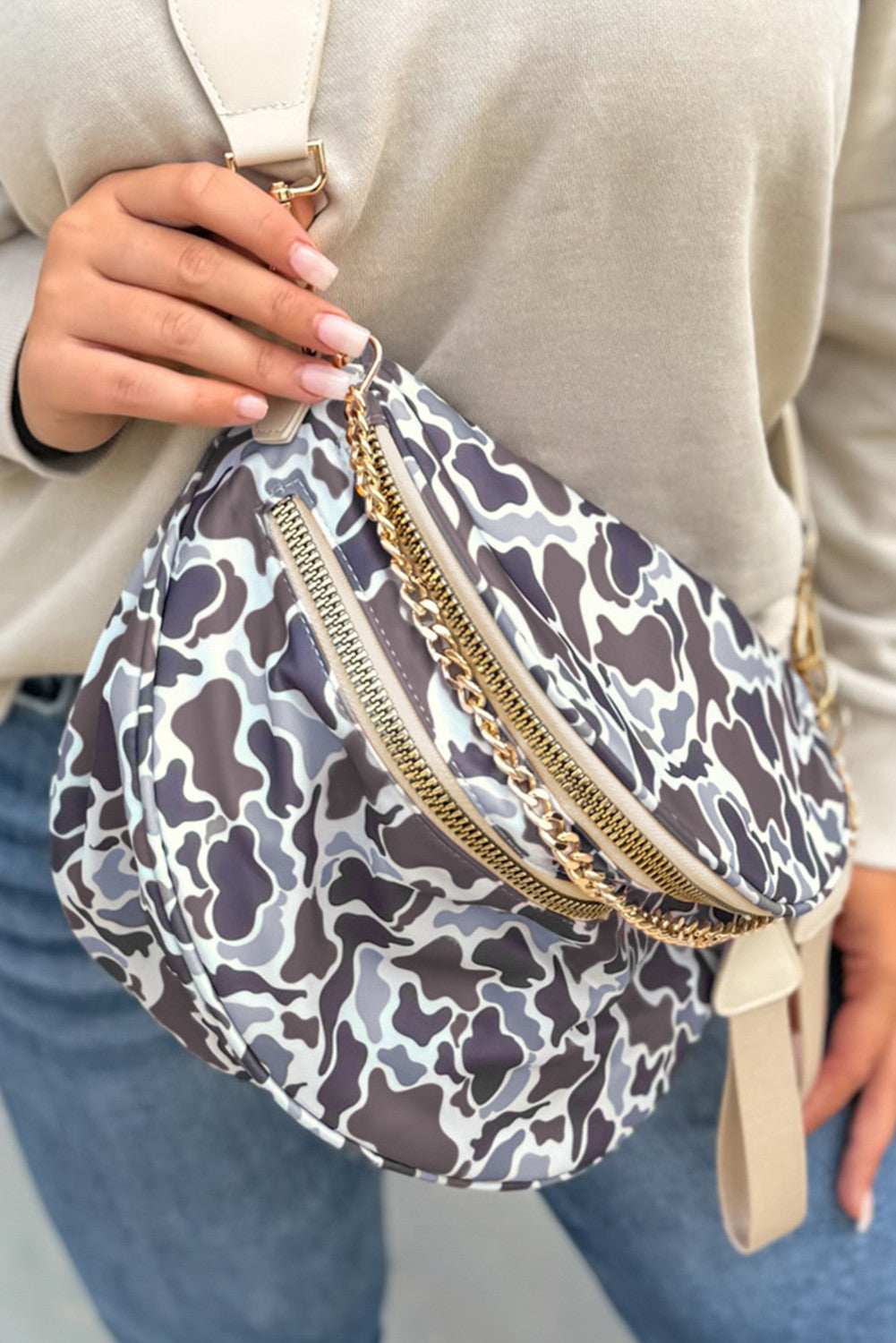 R1202 Gold Chain Strap Double Zipper Crossbody Bag