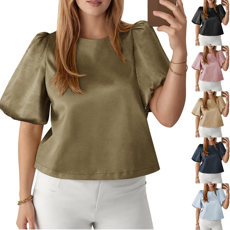 R1237 Women's Round Neck Satin Puff Sleeve Blouse