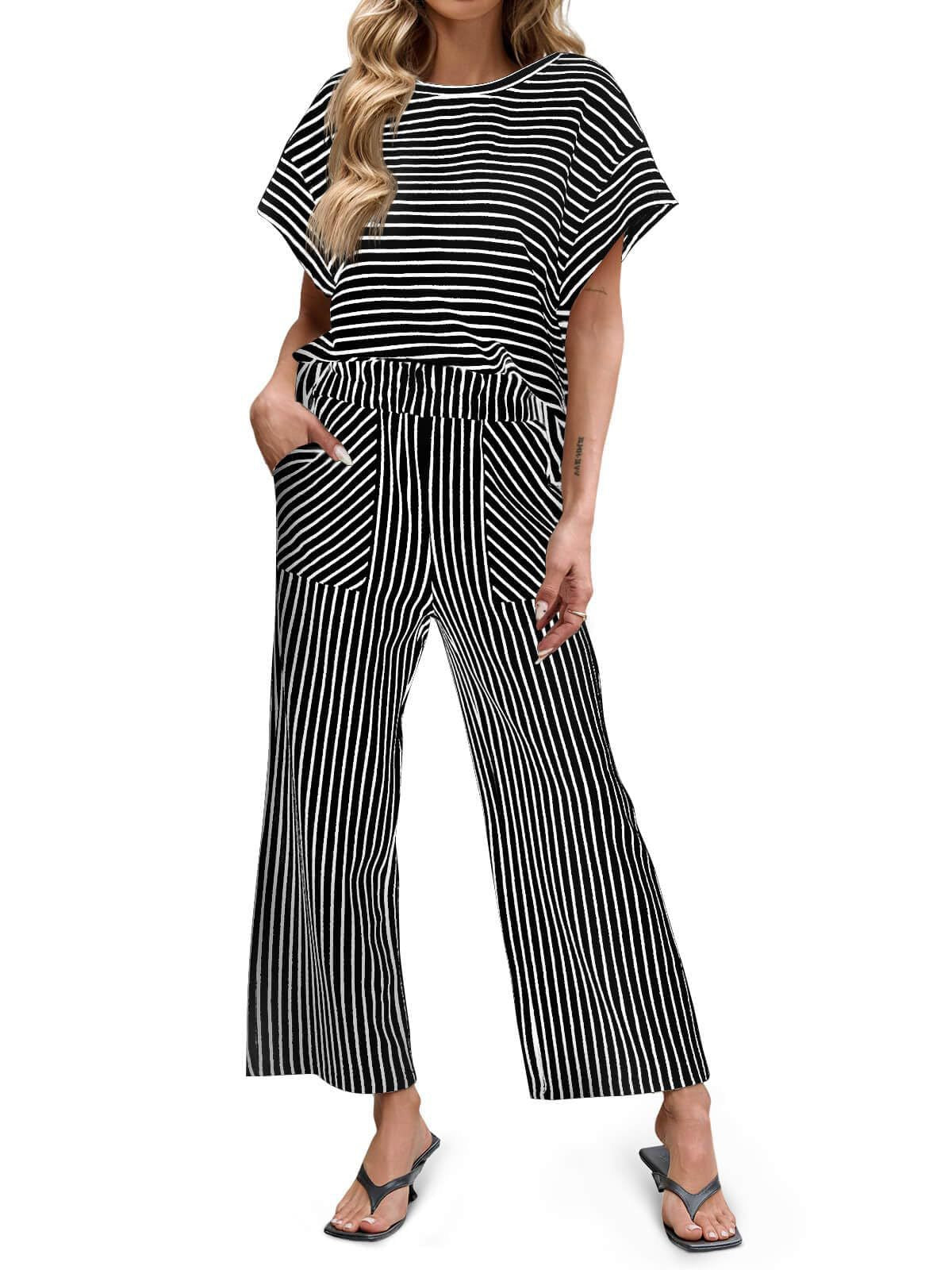 R1551 Bat Sleeve Stripe Top & Wide Leg Pant Set