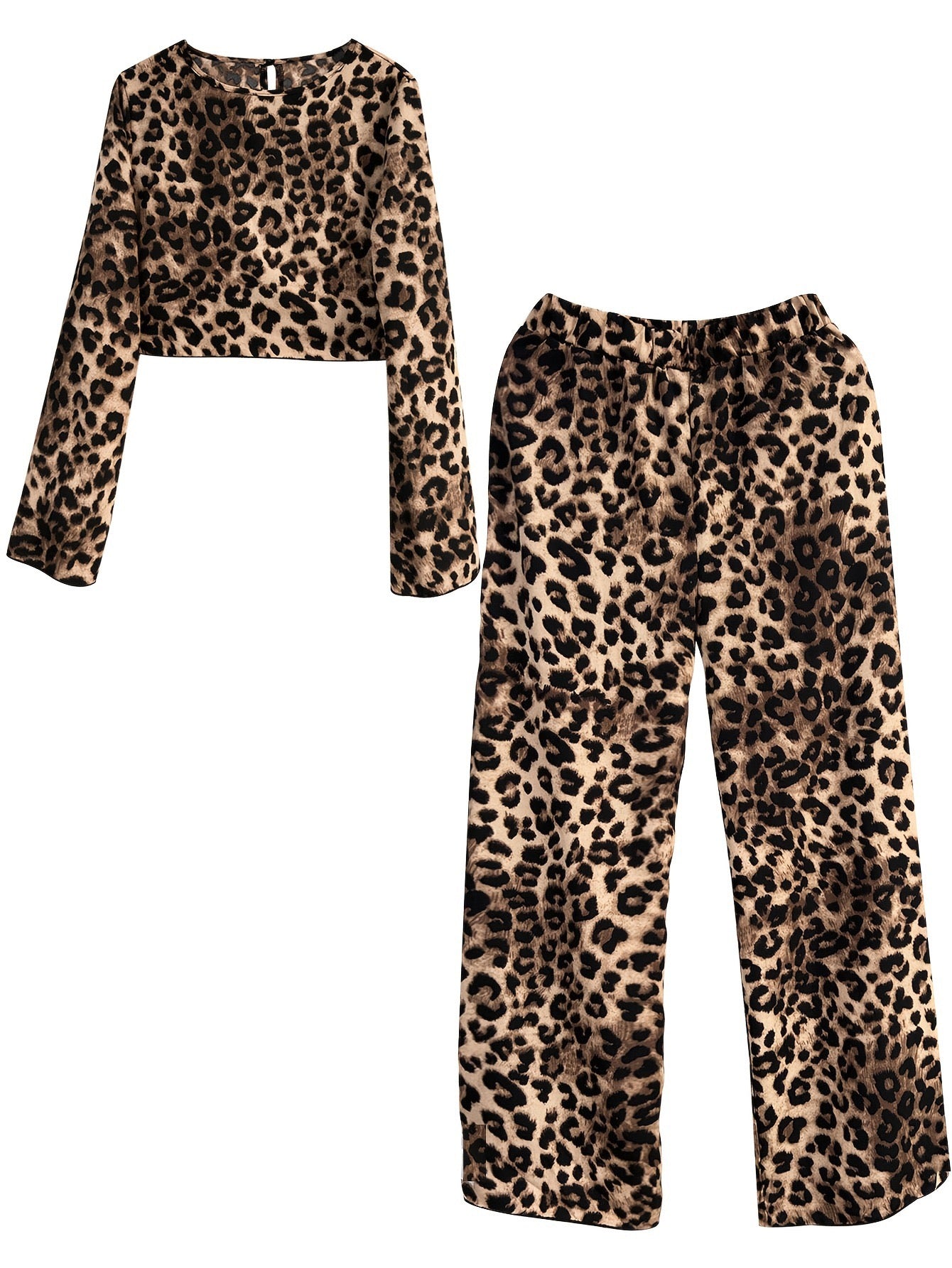 R1241 Lightweight Long Sleeve Leopard Print Crop Top & Pants Women's Outfit