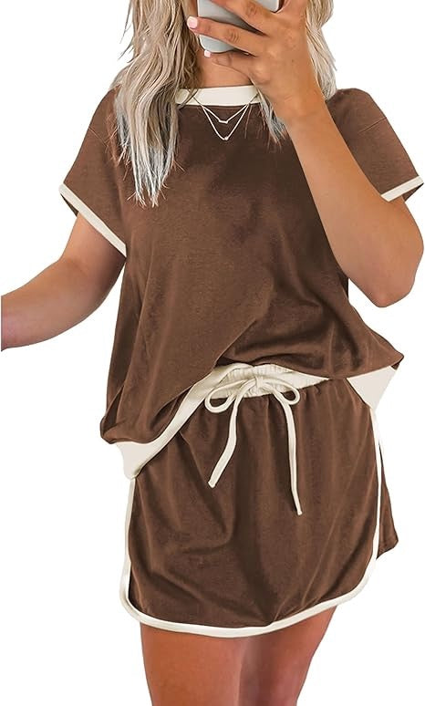 R1392 Colorblock Edge Drop Shoulder T Shirt and Skort 2Pcs Set