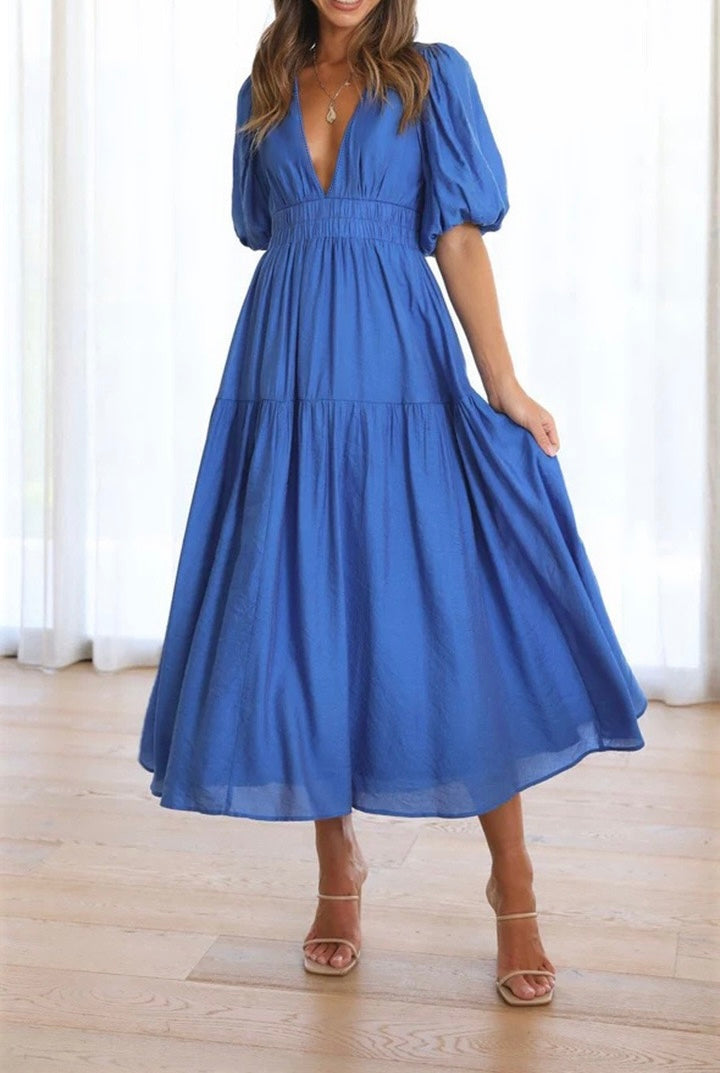 R1508 Deep V Neck Puff Sleeve Ruffle Long Dress