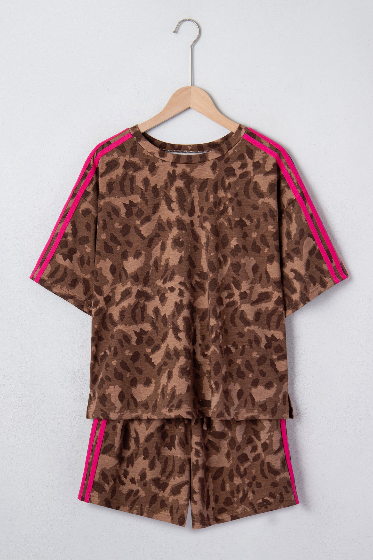 R1194 Pink Stripe Leopard  Shorts Set