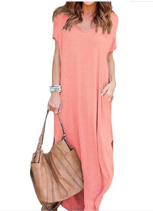 R1294 Short Sleeve Solid Color Pocket Maxi Dress