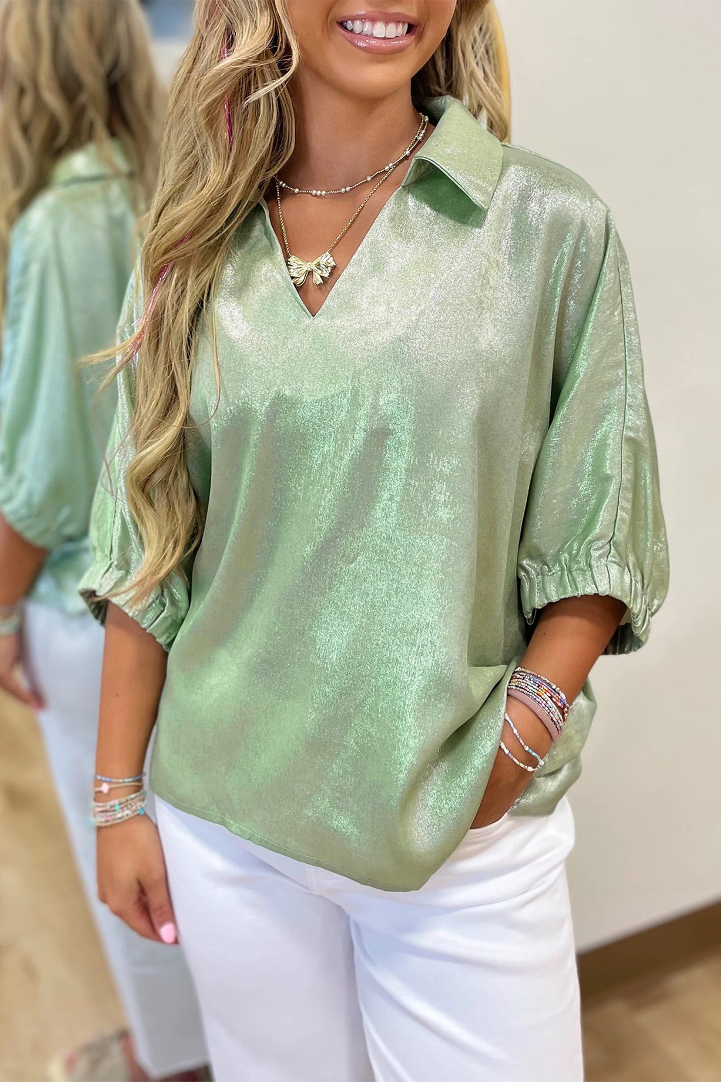 R1383 Collared V Neck Half Sleeve Metallic Top
