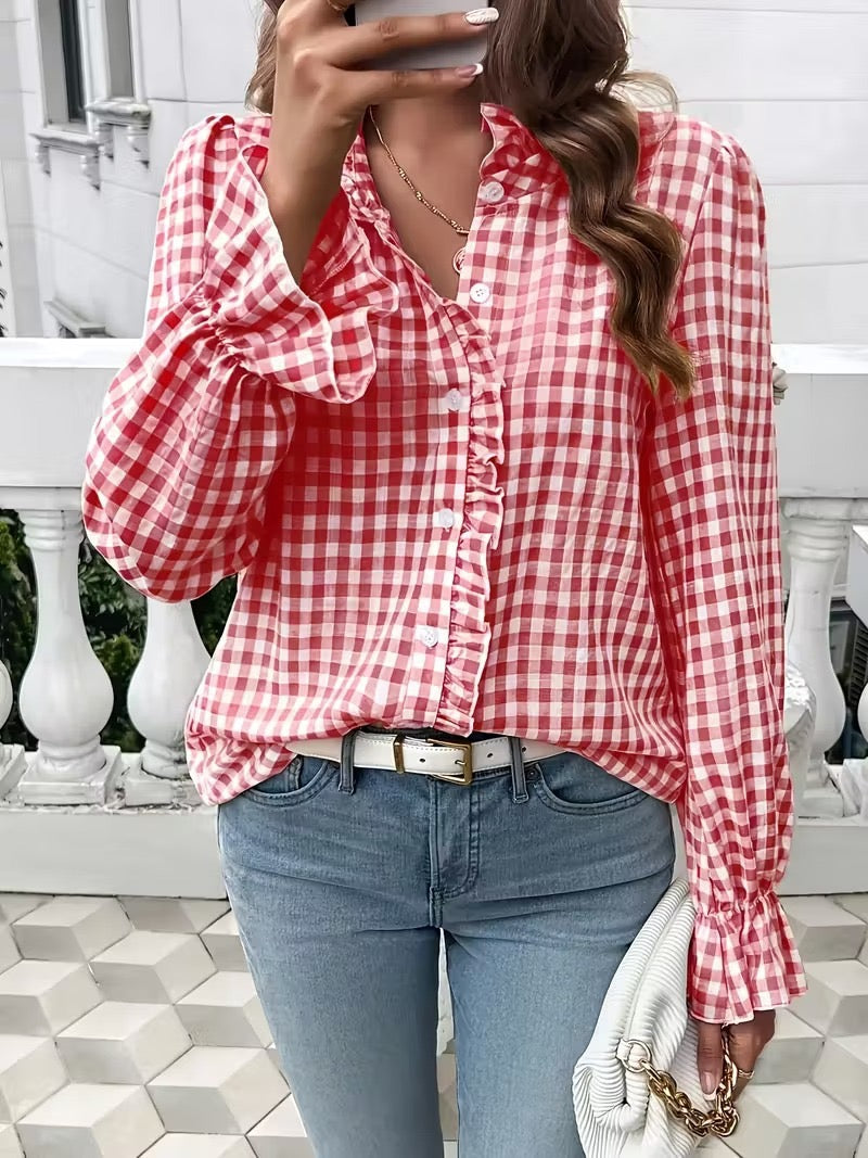 R1242 Long Sleeve Ruffle Hem Checked Blouse
