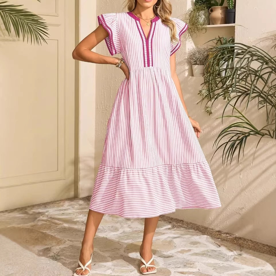 R1293 Stripe Double Ruffled Short Sleeve Long Dress