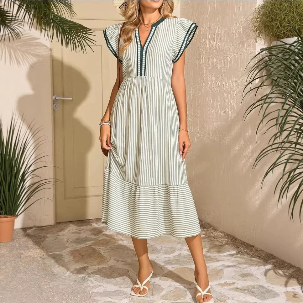 R1293 Stripe Double Ruffled Short Sleeve Long Dress