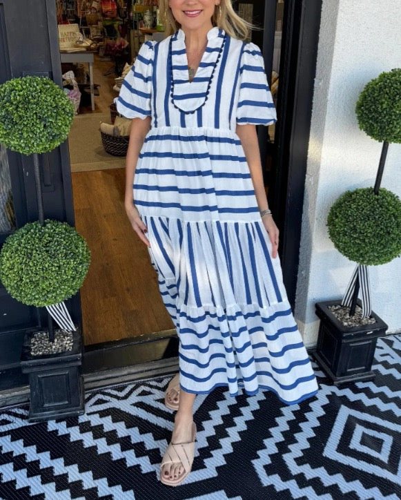 R1510 Puff Sleeve Stripe Long Dress