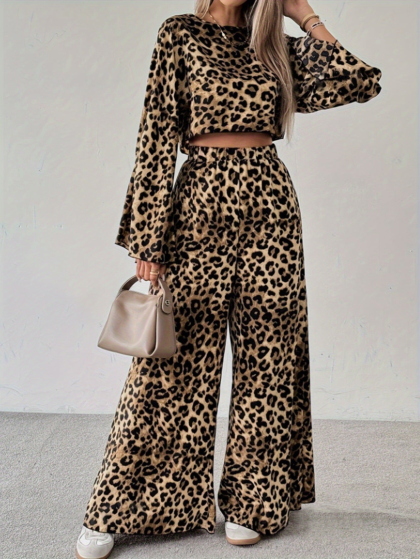 R1241 Lightweight Long Sleeve Leopard Print Crop Top & Pants Women's Outfit