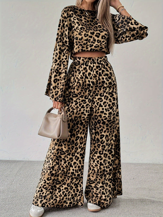 R1241 Lightweight Long Sleeve Leopard Print Crop Top & Pants Women's Outfit