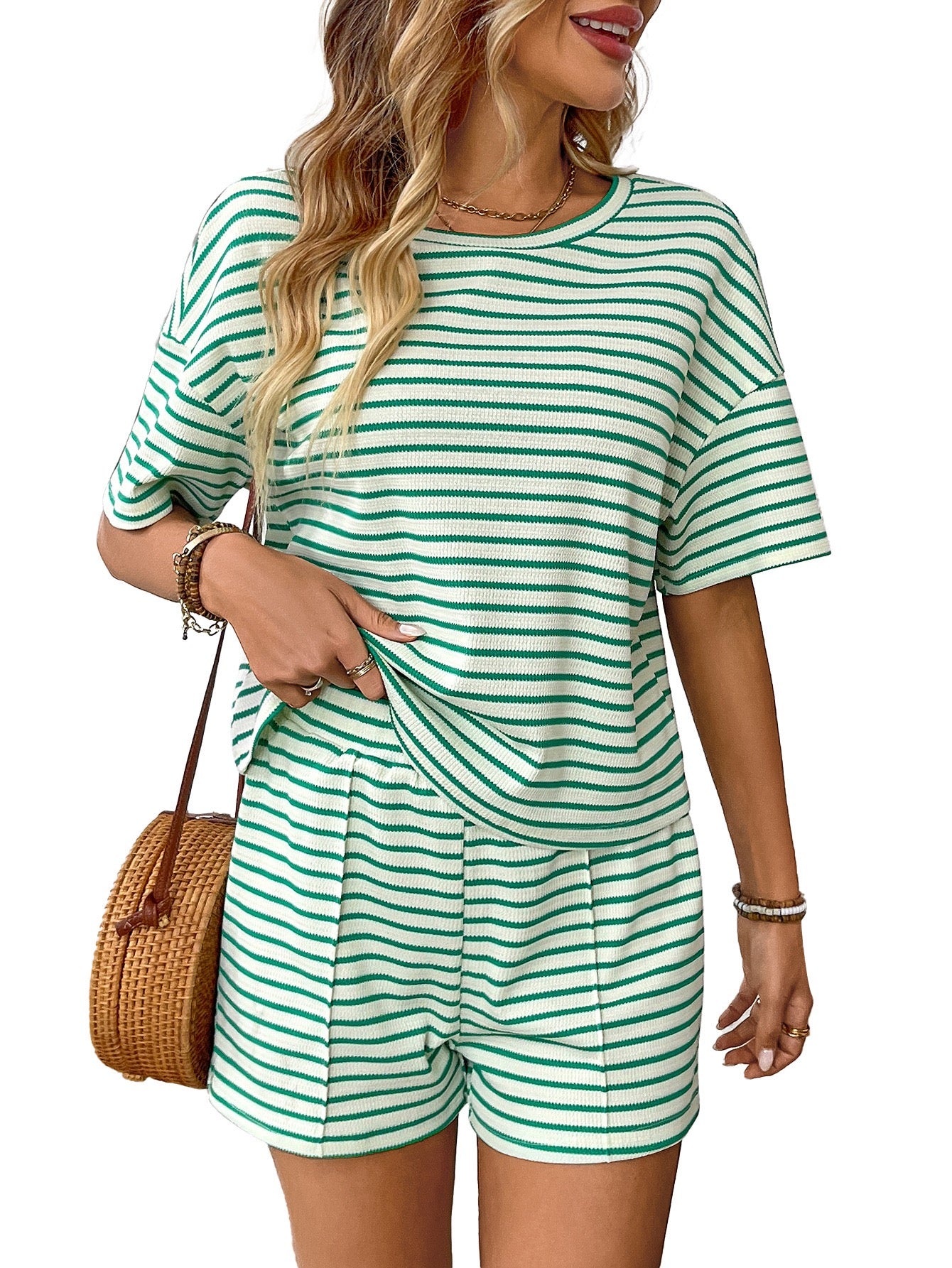 D4330 Summer Striped Two Pieces Shorts Set