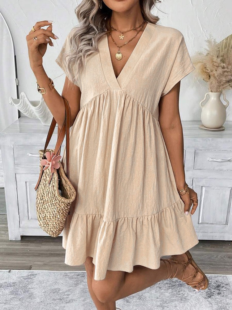 R1521 Short Sleeve Solid Color Ruffle Dress