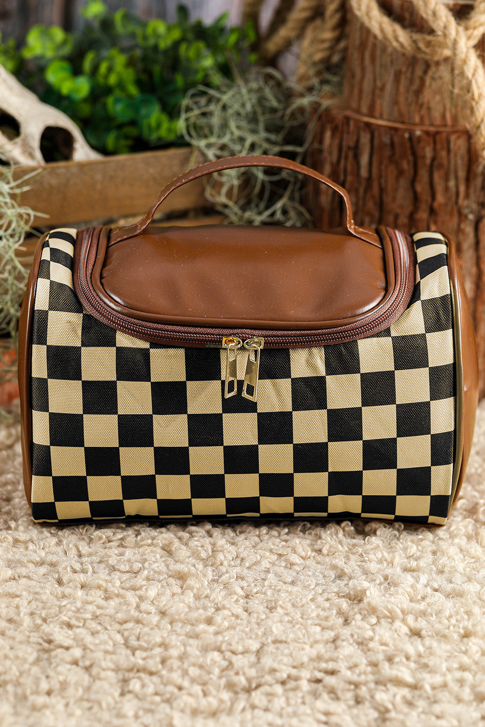 R1247 Checked PU Leather Makeup Bag