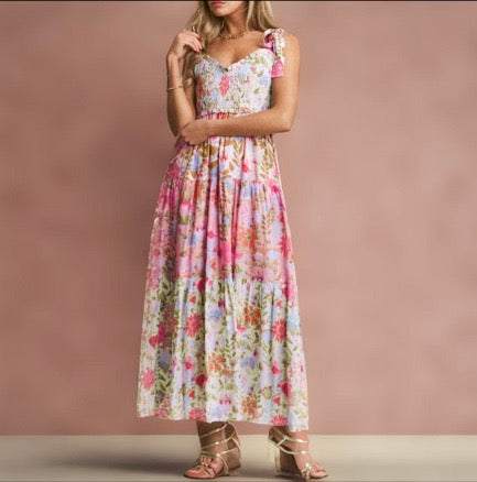 R1404 Sleeveless Tie Floral Long Dress