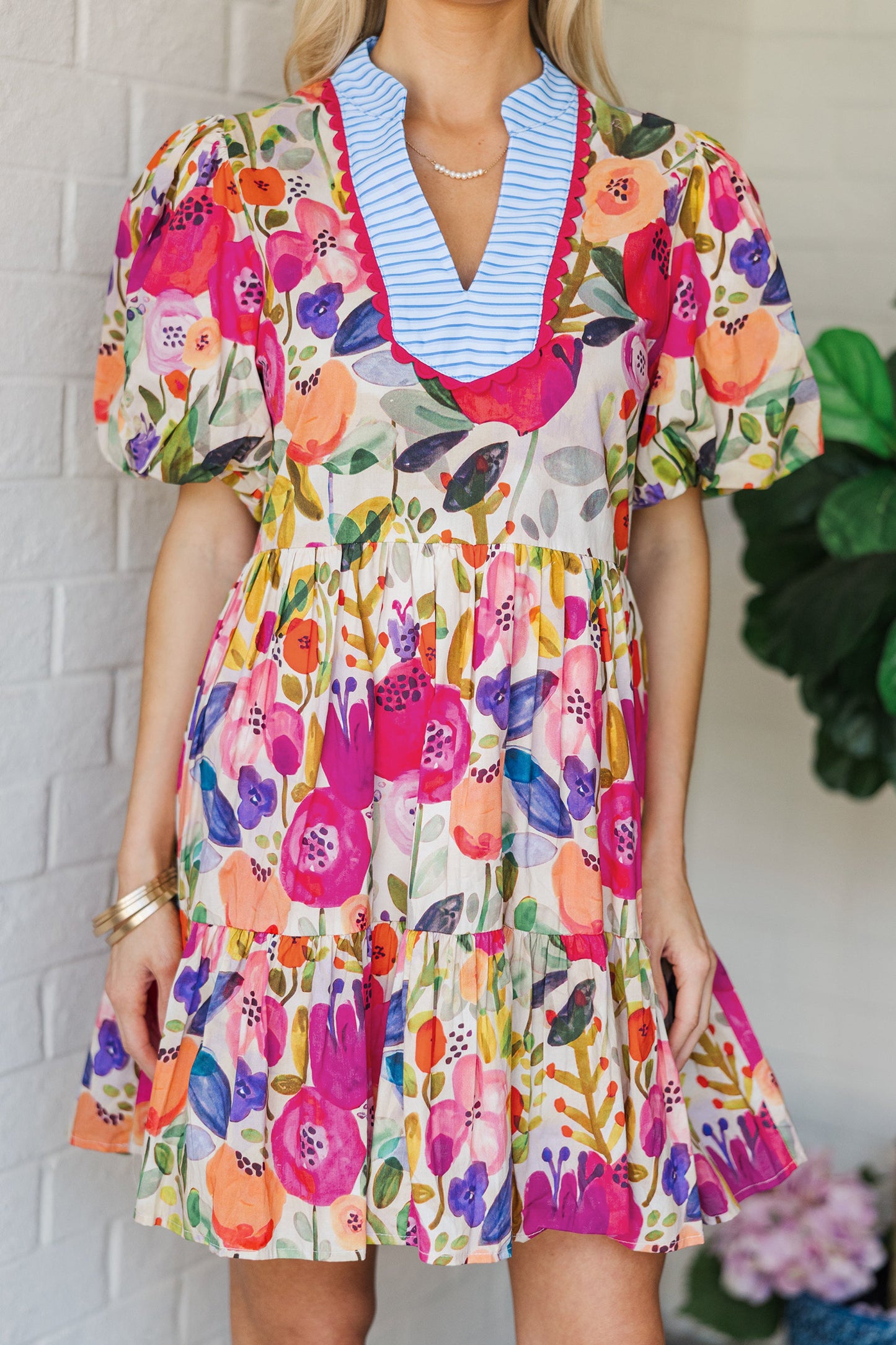 R1266 Floral Print Ricrac Trim Mini Dress