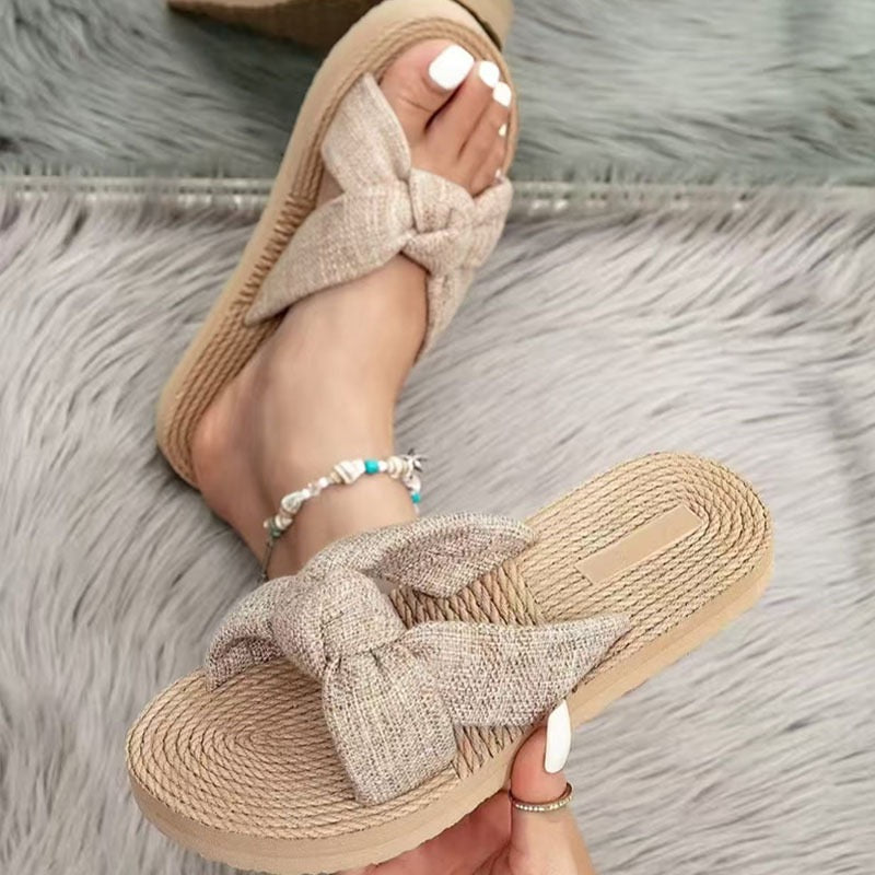 R1386 Parchment Boho Linen Bow Raffia Woven Light PVC Slippers