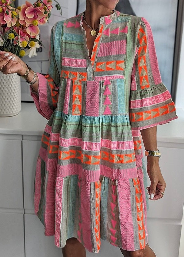 R1253 Boho Style V-neck and three-quarter sleeves ruffle dress