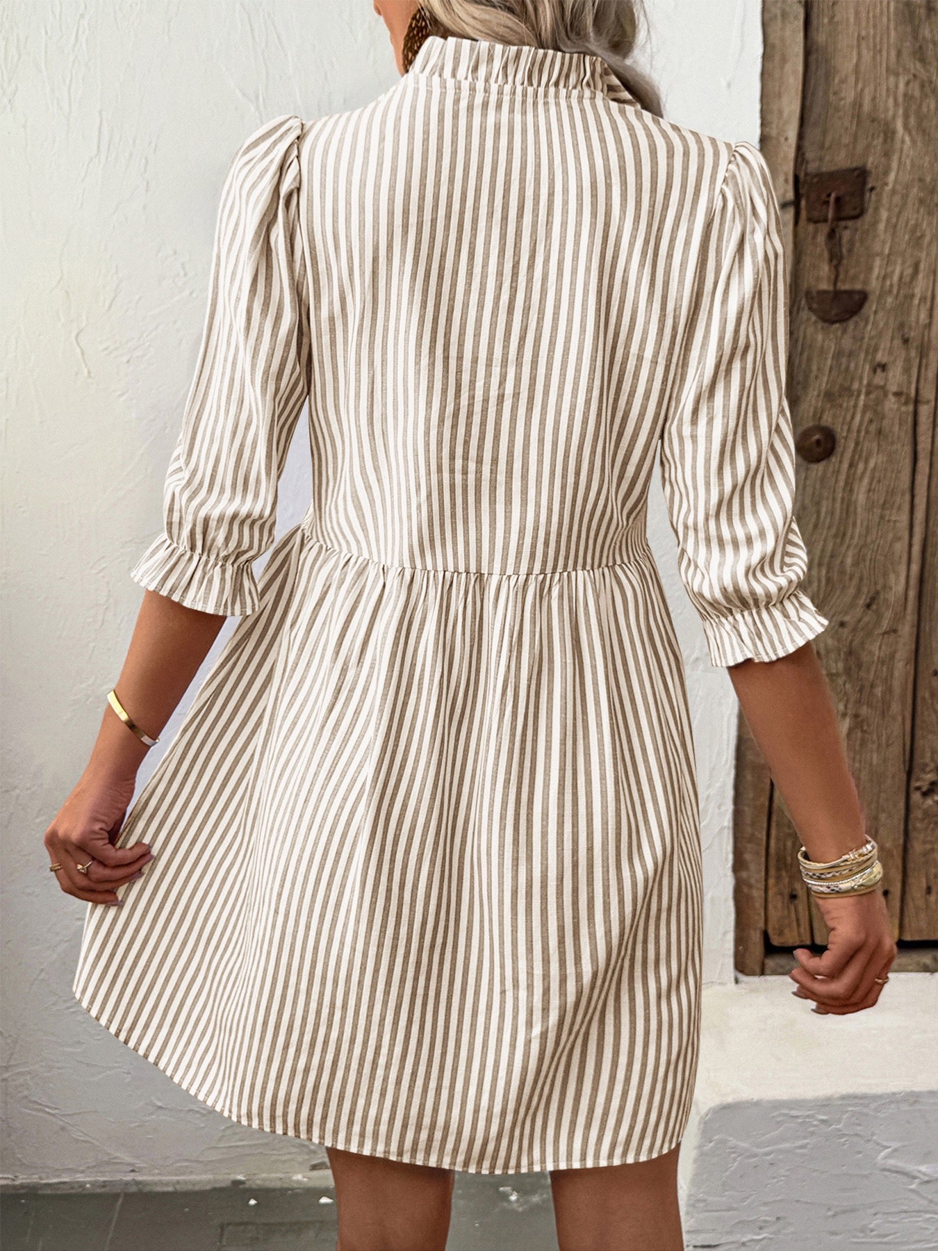 R1245 Bubble Sleeve Stand Collar Striped Dress for Women Summer
