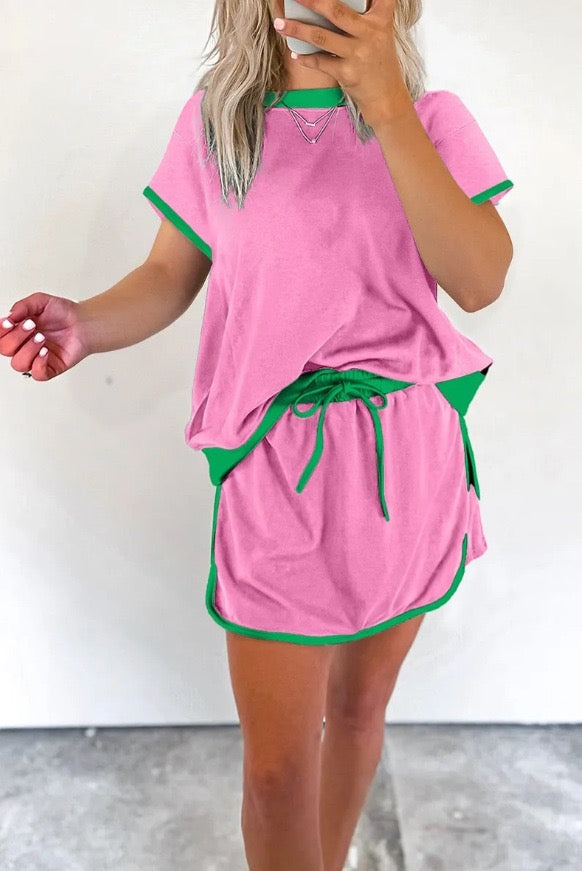 R1392 Colorblock Edge Drop Shoulder T Shirt and Skort 2Pcs Set