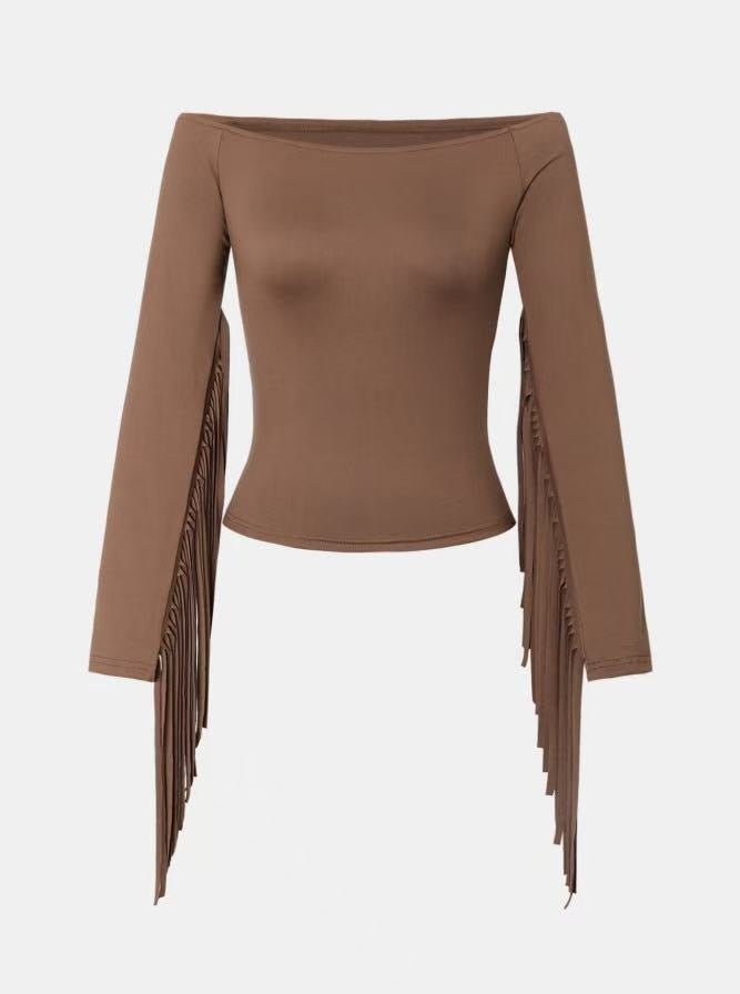 R1224 Retro Western Style Tassels Sleeve Top