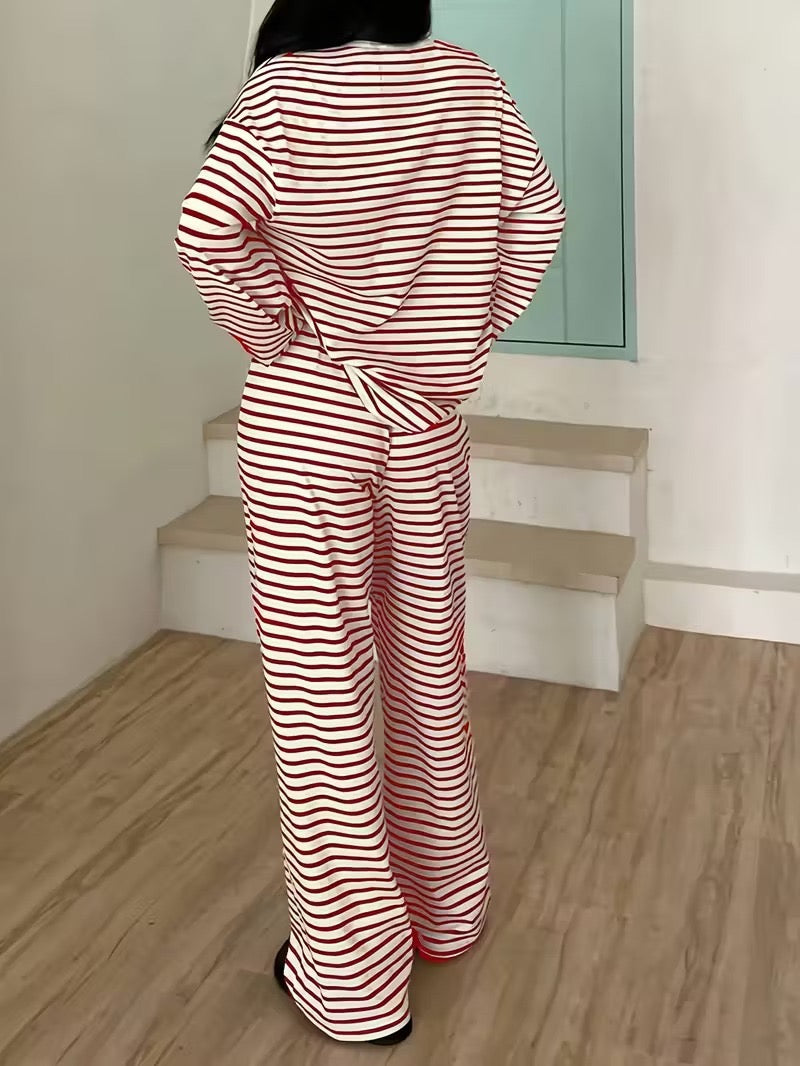 R1238 Striped Long Sleeve Top High-Waist Pants Two-Piece Set