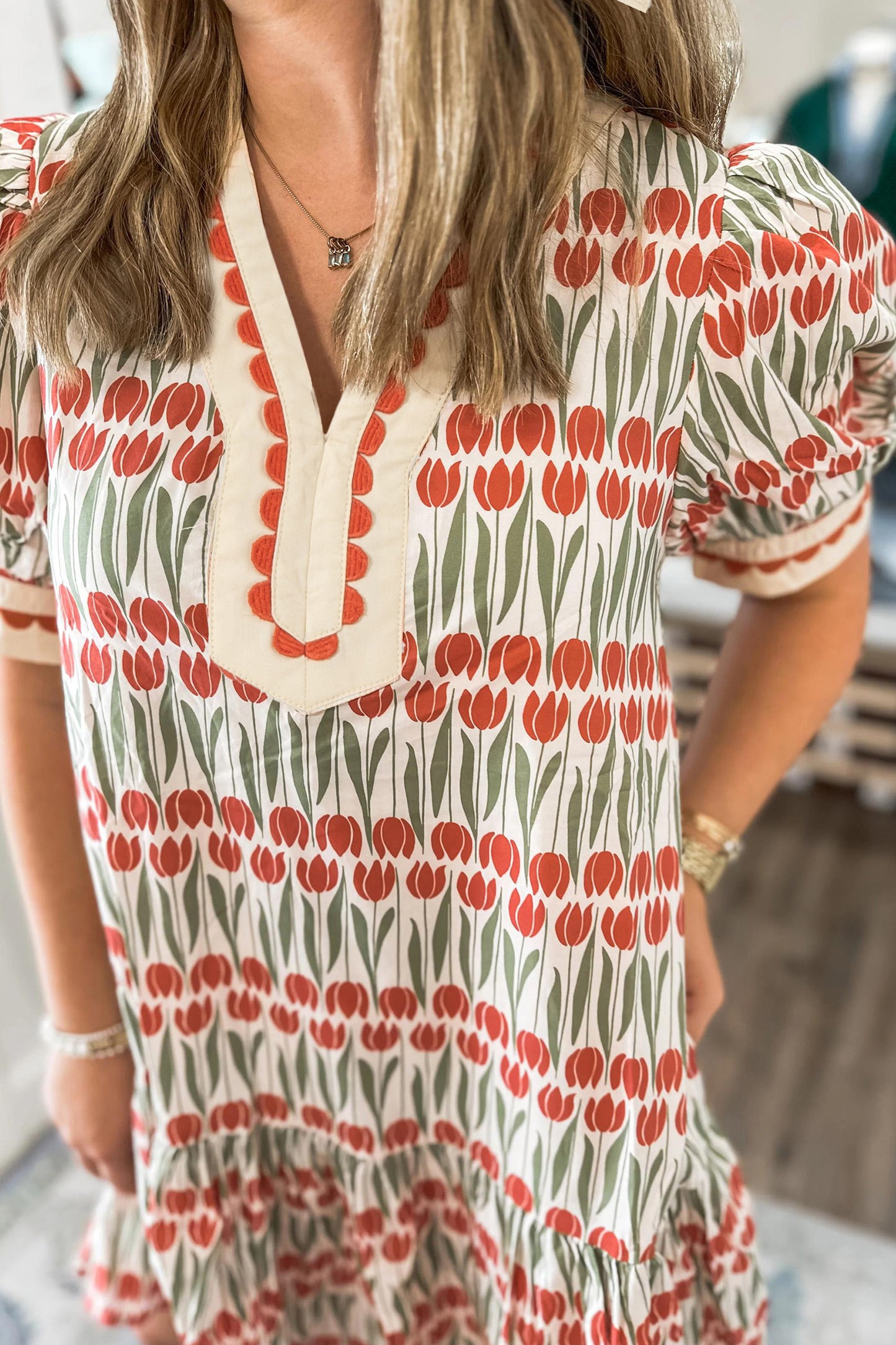 R1221 Puff Sleeve Floral Cotton Dress